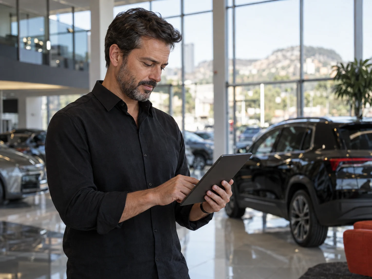 Gestor consultando um tablet no showroom