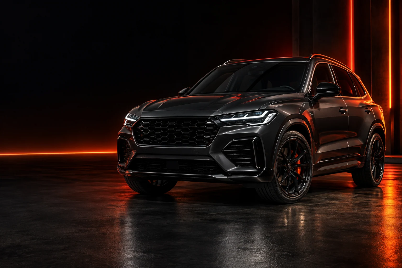SUV grafite em um showroom com iluminação vermelha e laranja