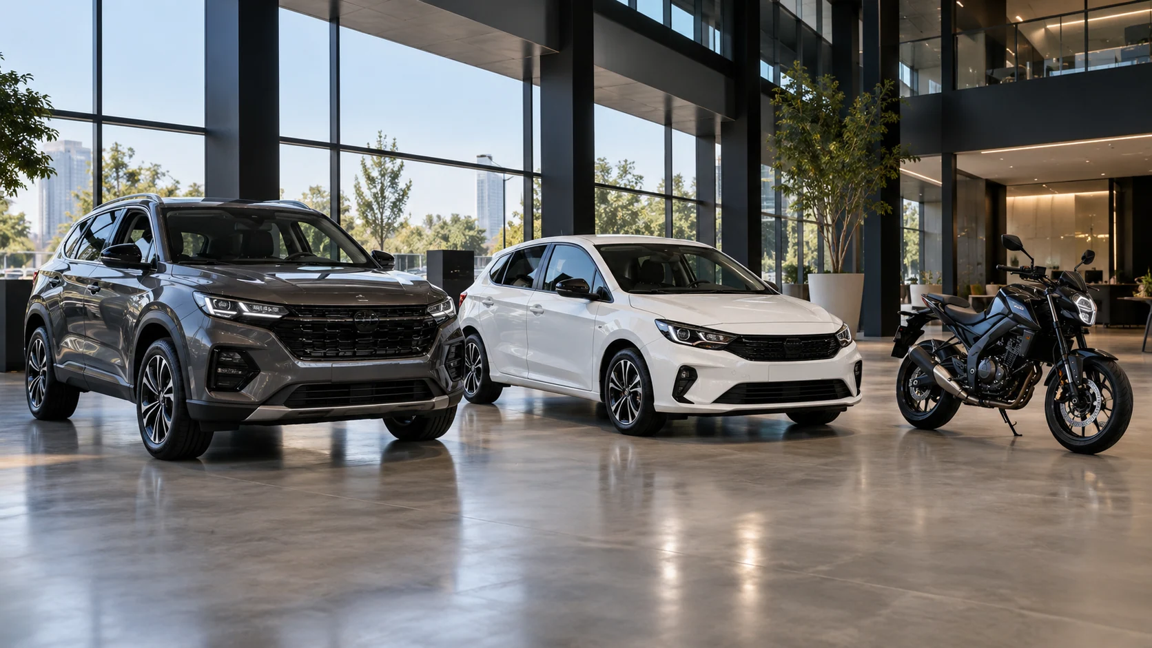 Showroom com carros e moto, representando diferentes operações de revenda
